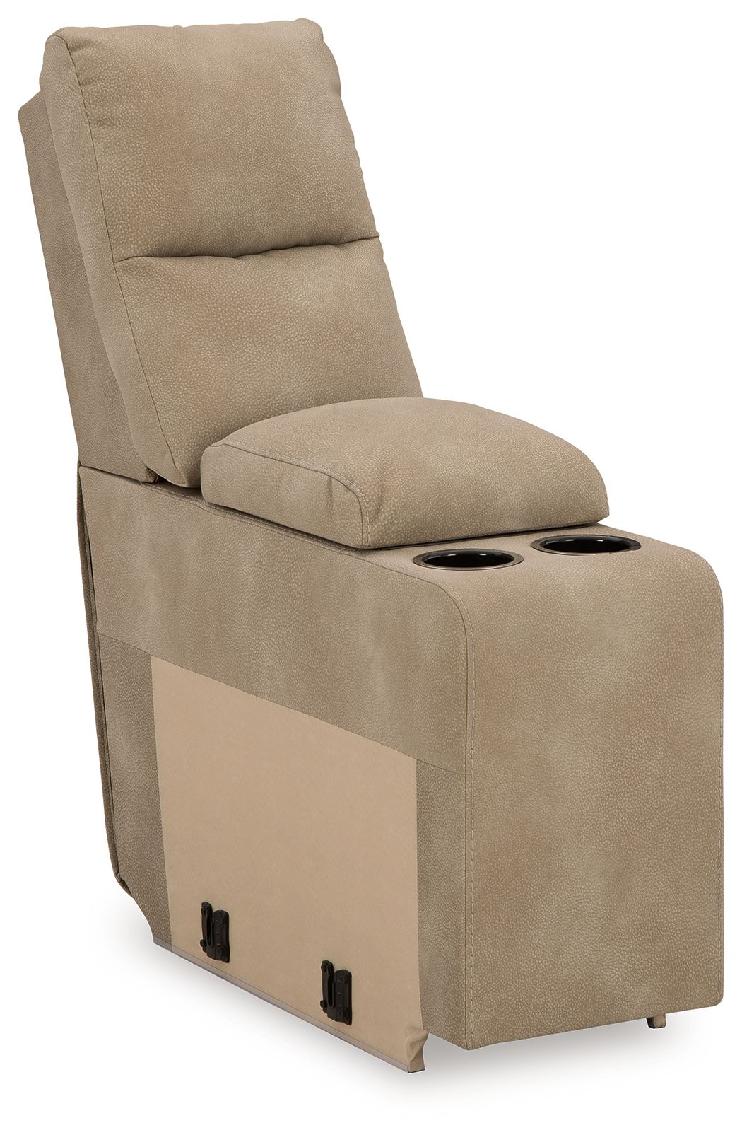 Sand beige upholstered console chair with storage and two circular cup holders