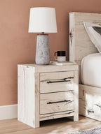 Lawroy two-drawer night stand in light natural wood with black pull handles