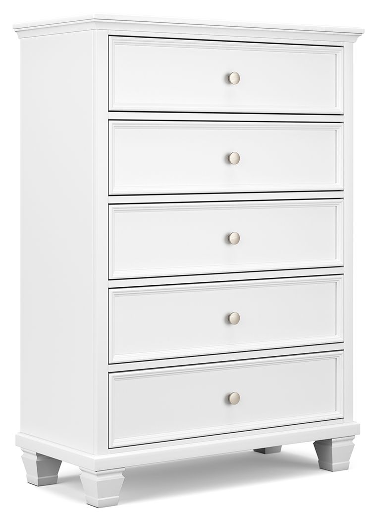 White five-drawer chest with round knobs and decorative trim, on short legs.