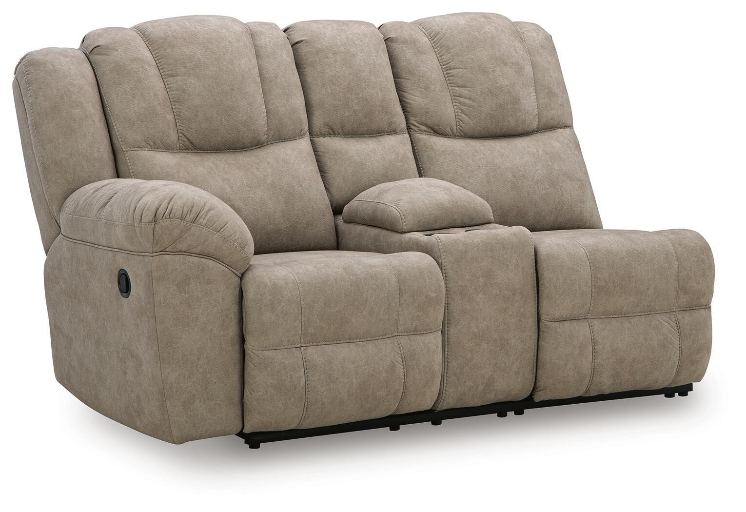 Reclining loveseat with console in light gray-beige fabric, tufted back, padded arms