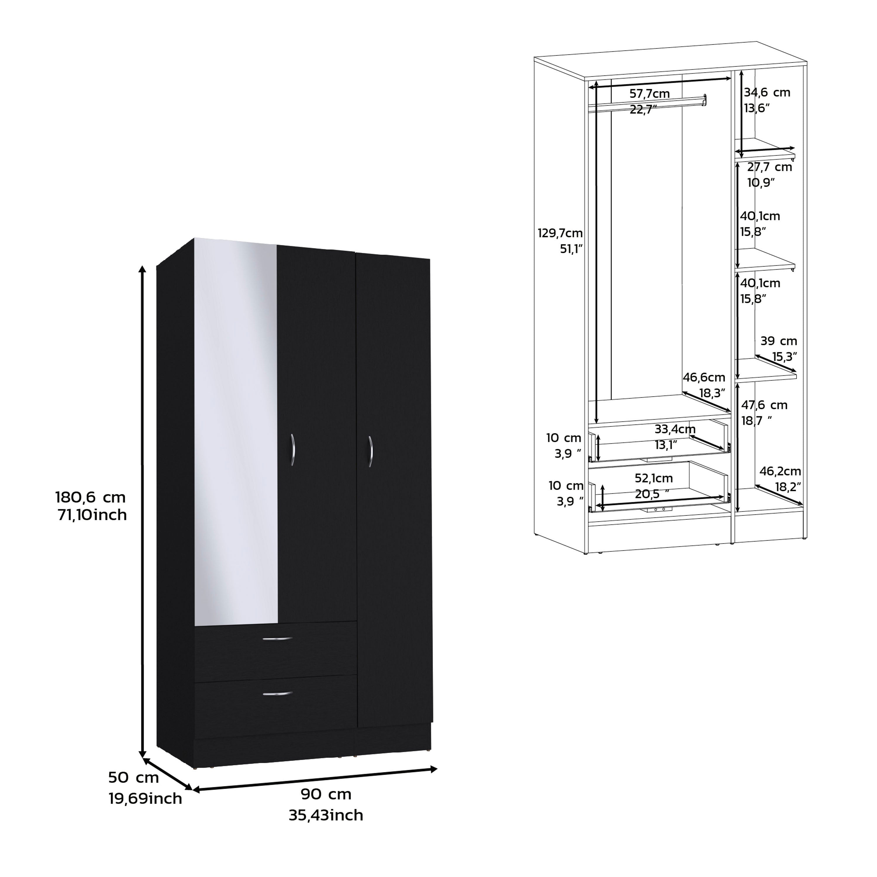 Black Wardrobe 3 Doors Mirror 2 Drawers Shelves