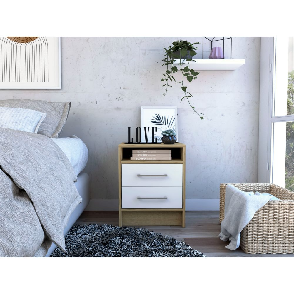 Modern White & Light Oak 2-Drawer Nightstand with Metal Handles