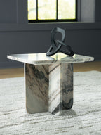 Accent cocktail table with marble-look top and cylindrical pedestal base