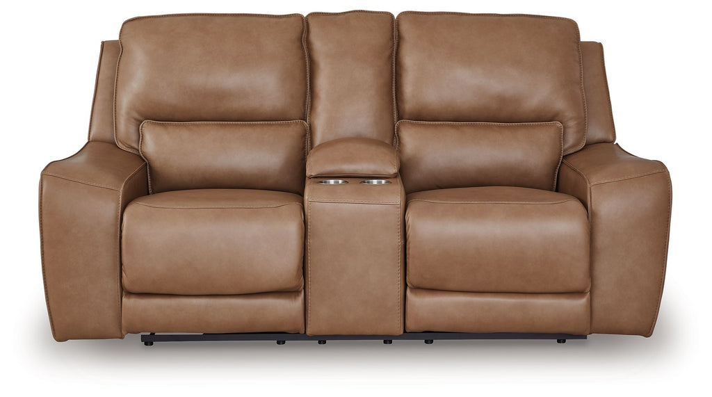 Power reclining loveseat with console and adjustable headrests, medium brown upholstery
