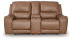 Power reclining loveseat with console and adjustable headrests, medium brown upholstery