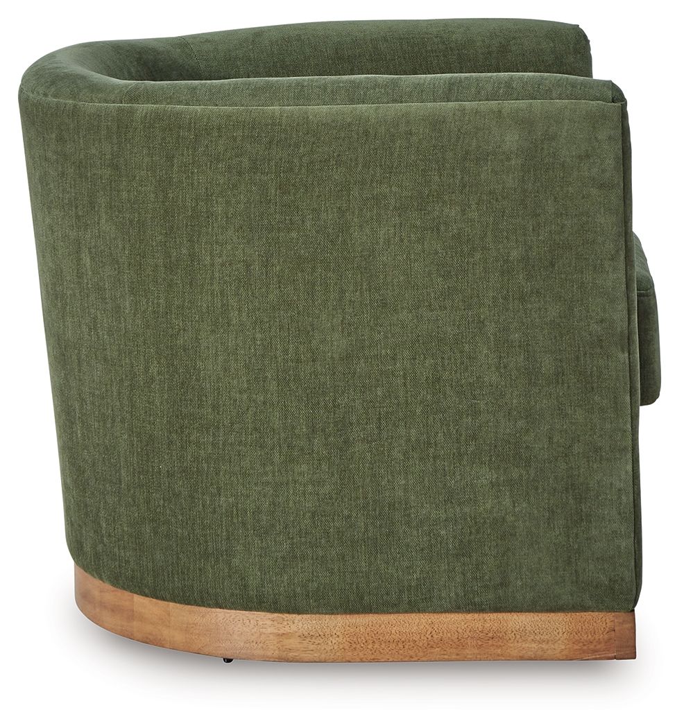 Forest green swivel chair back view with cushioned seat and light wood base