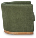 Forest green swivel chair back view with cushioned seat and light wood base