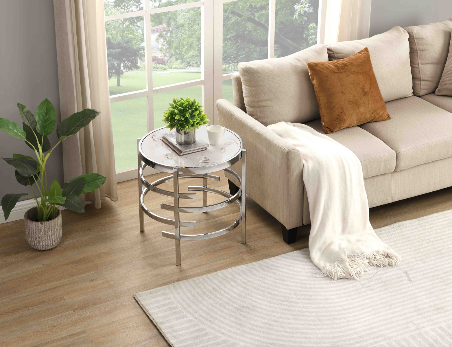 Modern Round End Table With Sintered Stone Top, Chrome/ Silver End Table For Living Room