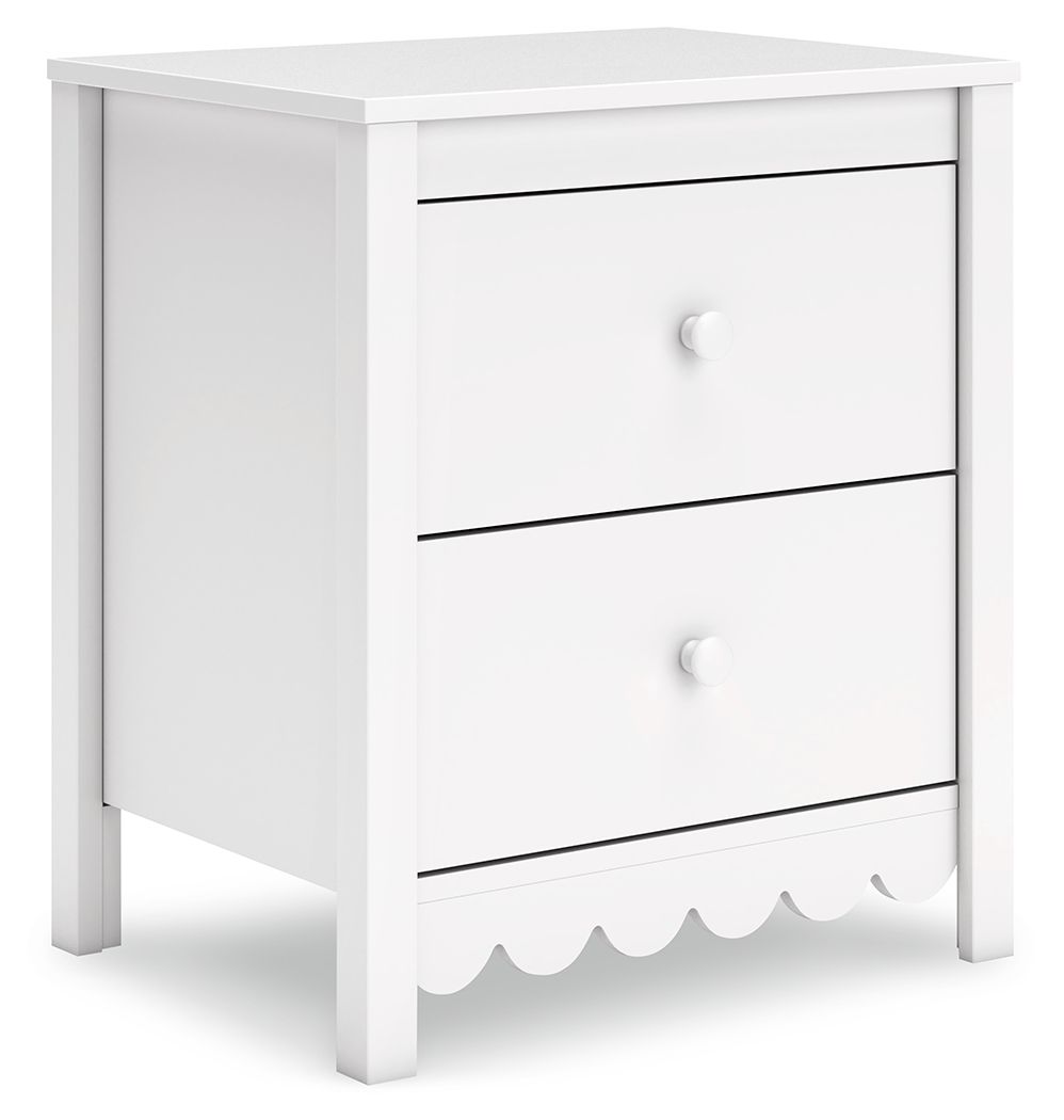 White two-drawer nightstand with scalloped drawer front and round knobs