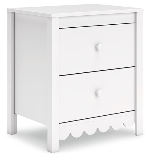 White two-drawer nightstand with scalloped drawer front and round knobs