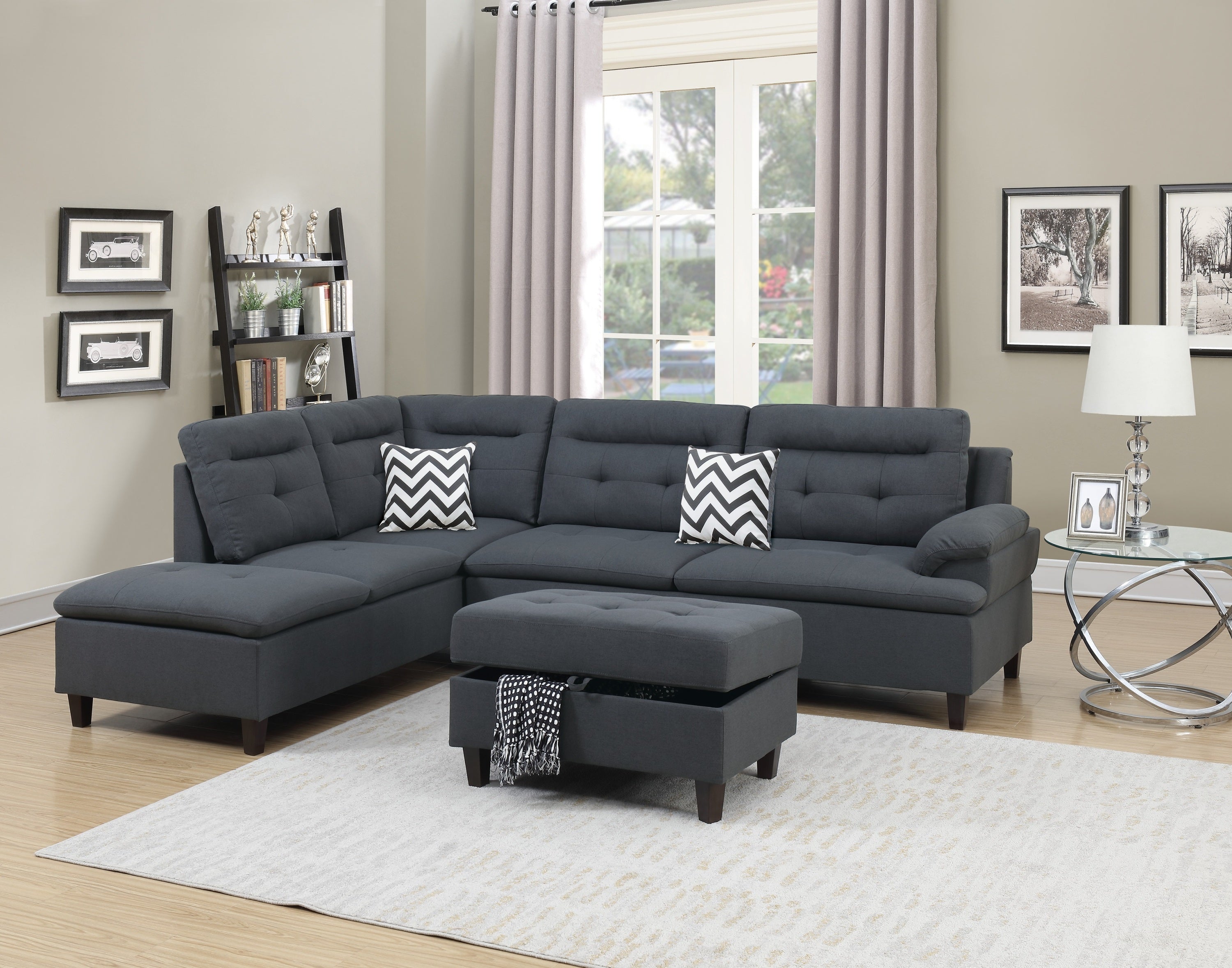 Charcoal Linen Sectional Sofa with Ottoman - Living Room