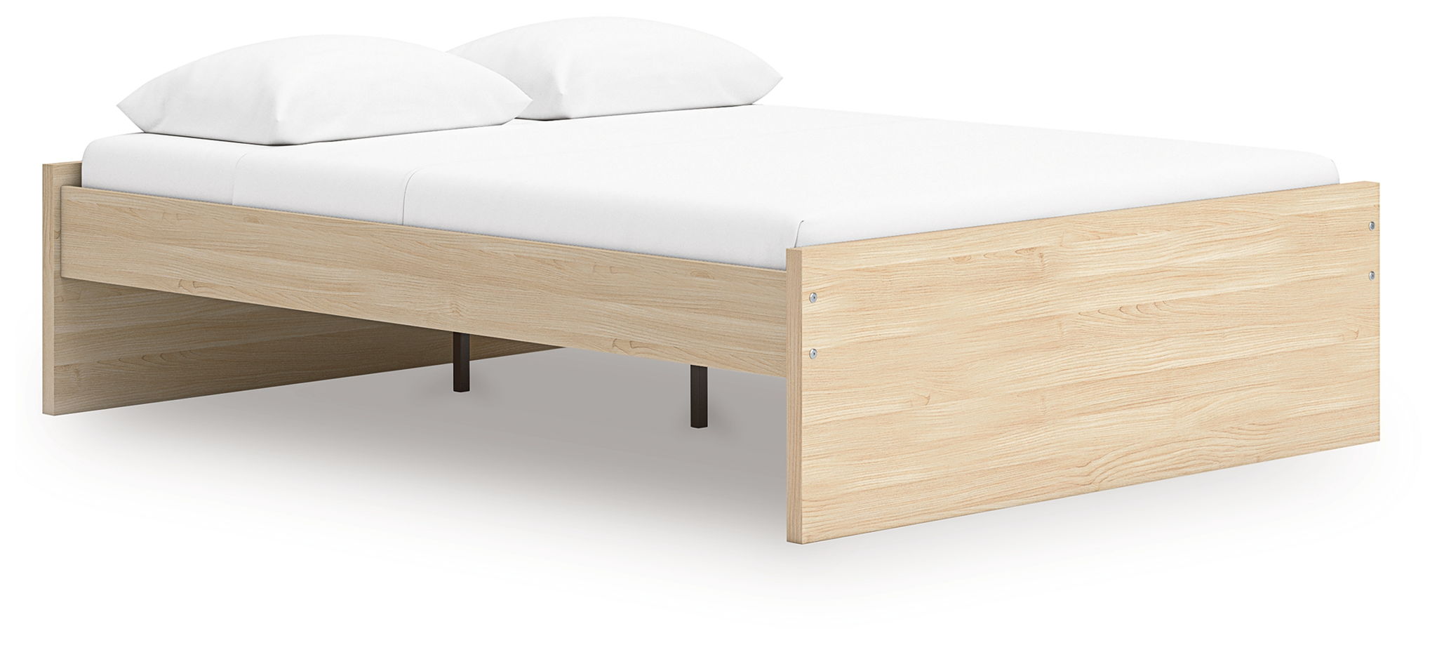 Platform bed with light brown wood frame and open underbed support area