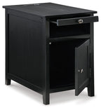 Black chair side end table with open shelf, side door, and long drawer pull