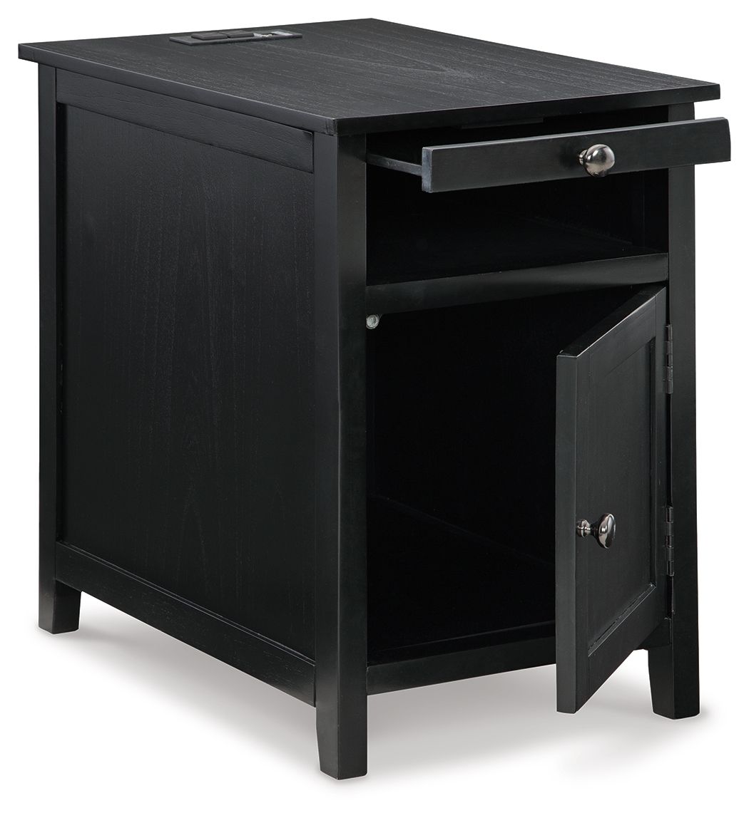 Black chair side end table with open shelf, side door, and long drawer pull