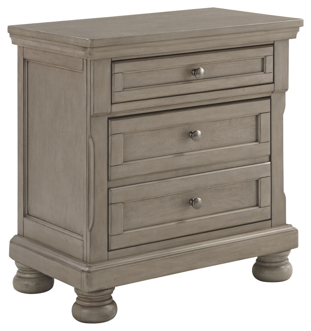 Lettner night stand with three drawers and round bun feet, light gray finish.