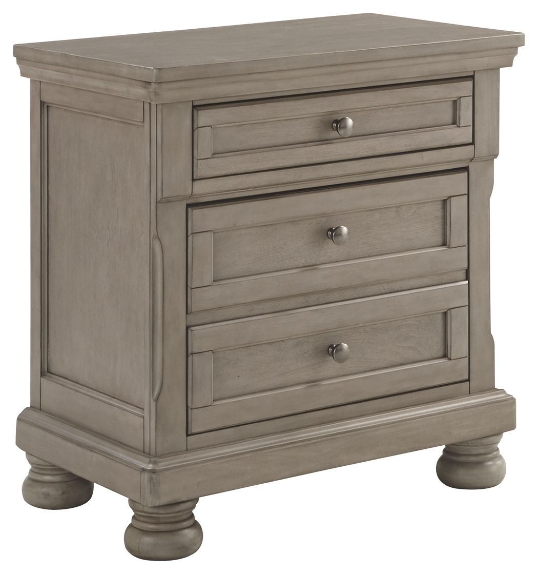Lettner night stand with three drawers and round bun feet, light gray finish.