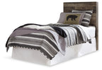Dark gray wood panel headboard with tall rectangular frame