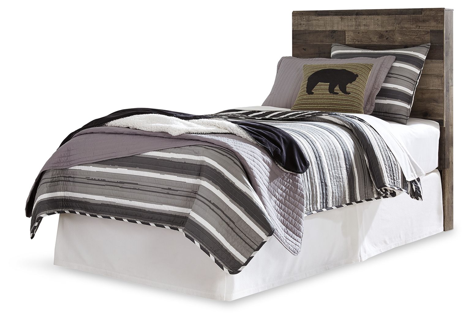 Dark gray wood panel headboard with tall rectangular frame