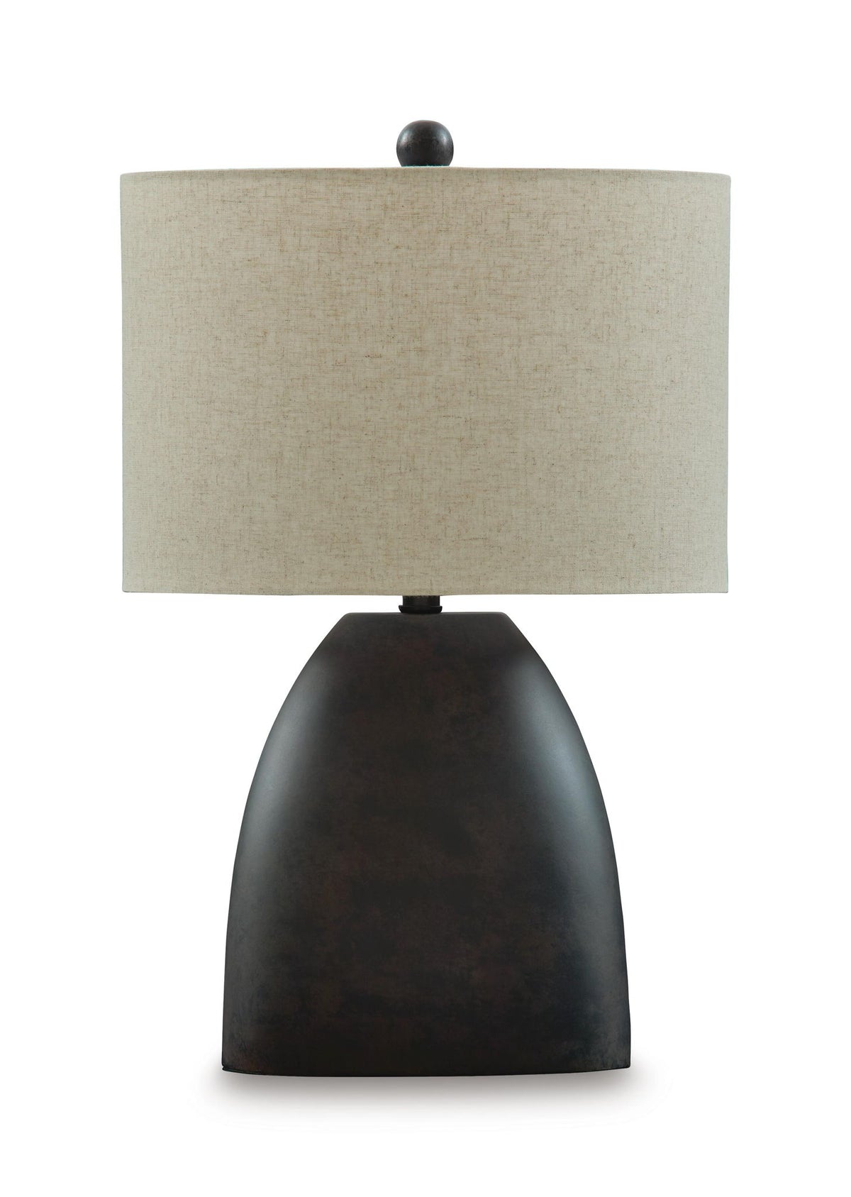 Antique black metal table lamp with beige fabric drum shade