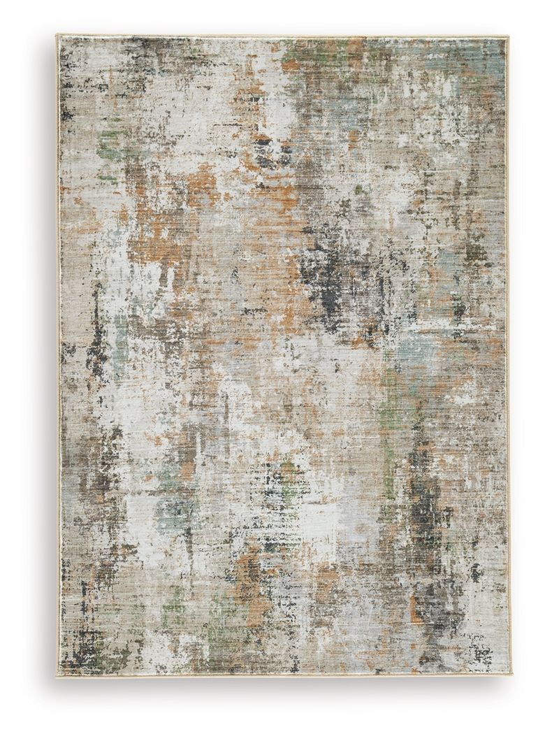 Abstract area rug with light cream, blue-gray and rust distressed pattern