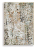 Abstract area rug with light cream, blue-gray and rust distressed pattern