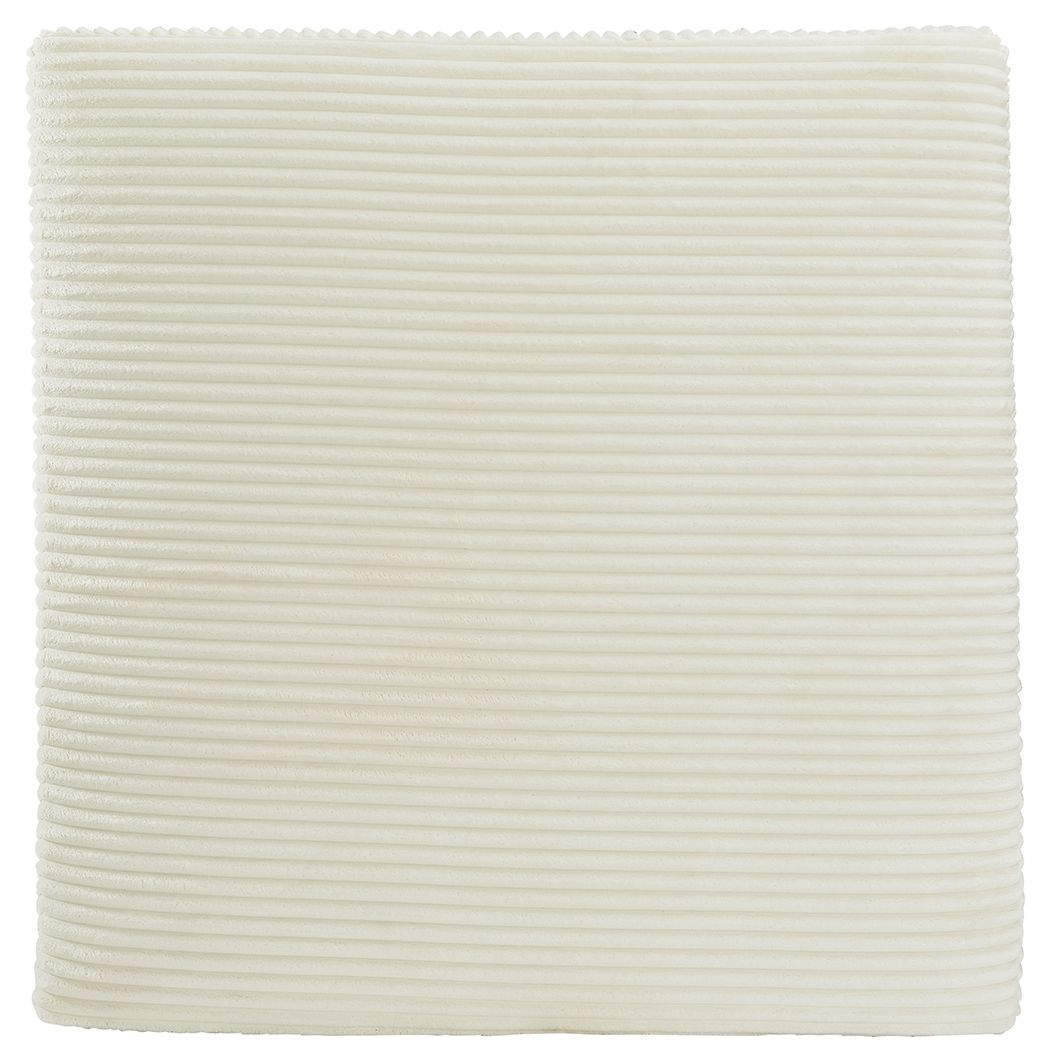 Beige square ottoman with ribbed fabric sides and flat padded top