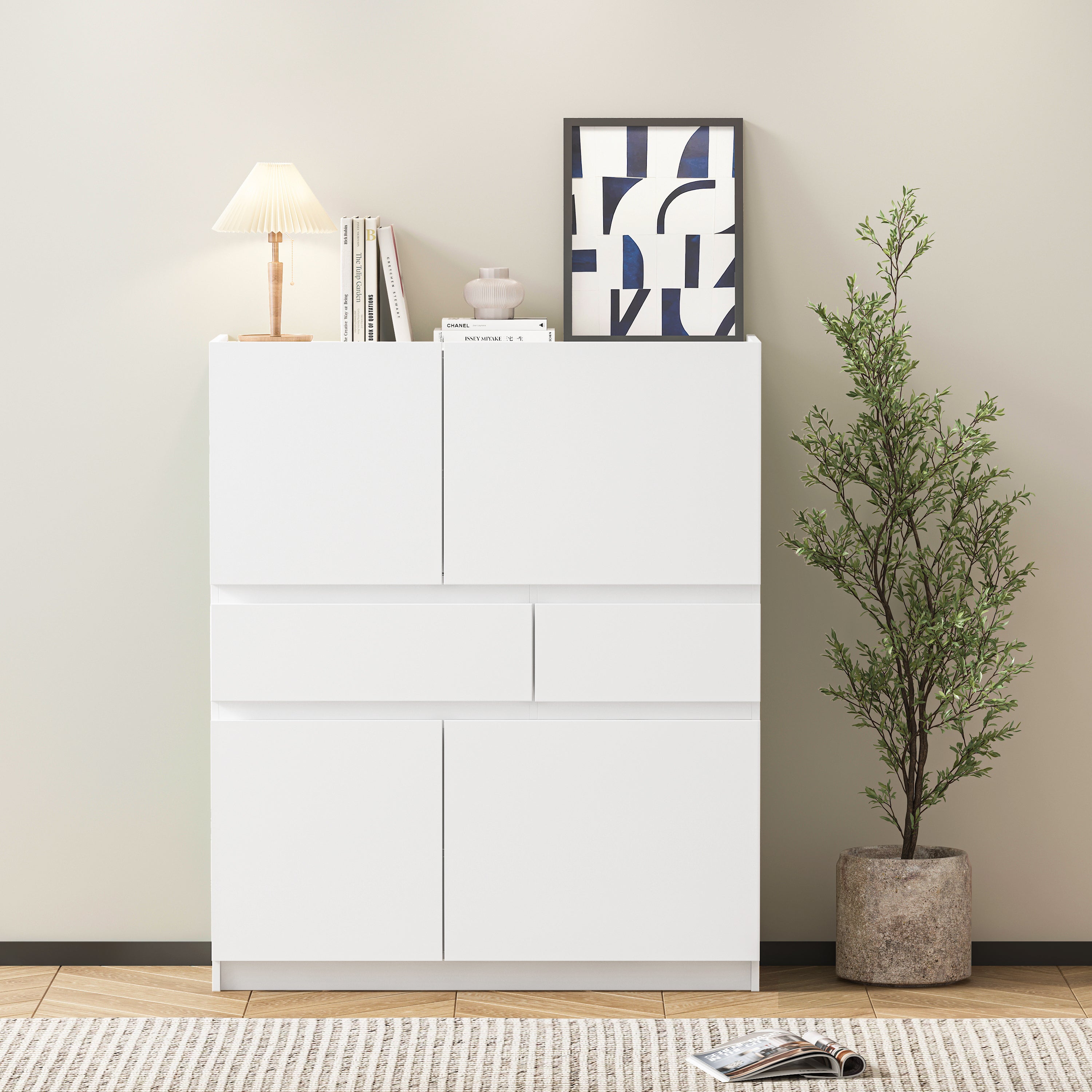 White Wooden Storage Cabinet: 4 Doors, 2 Drawers