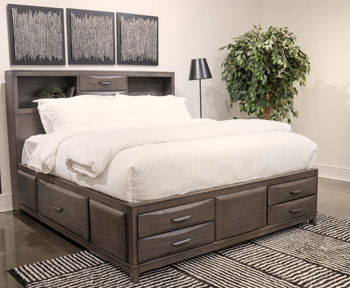 Gray queen storage headboard bed with multiple drawers and side shelves