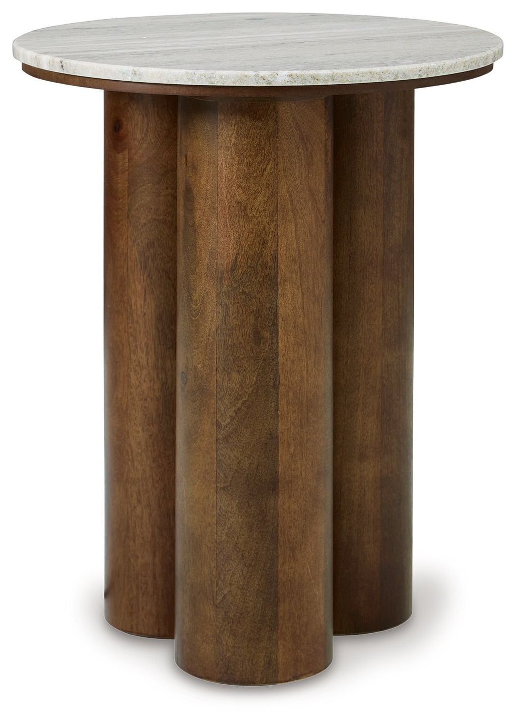 Henfield accent table with round beige stone top and brown wood turned base