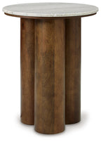 Henfield accent table with round beige stone top and brown wood turned base