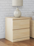 Light brown night stand with two drawers; minimalist rail pulls