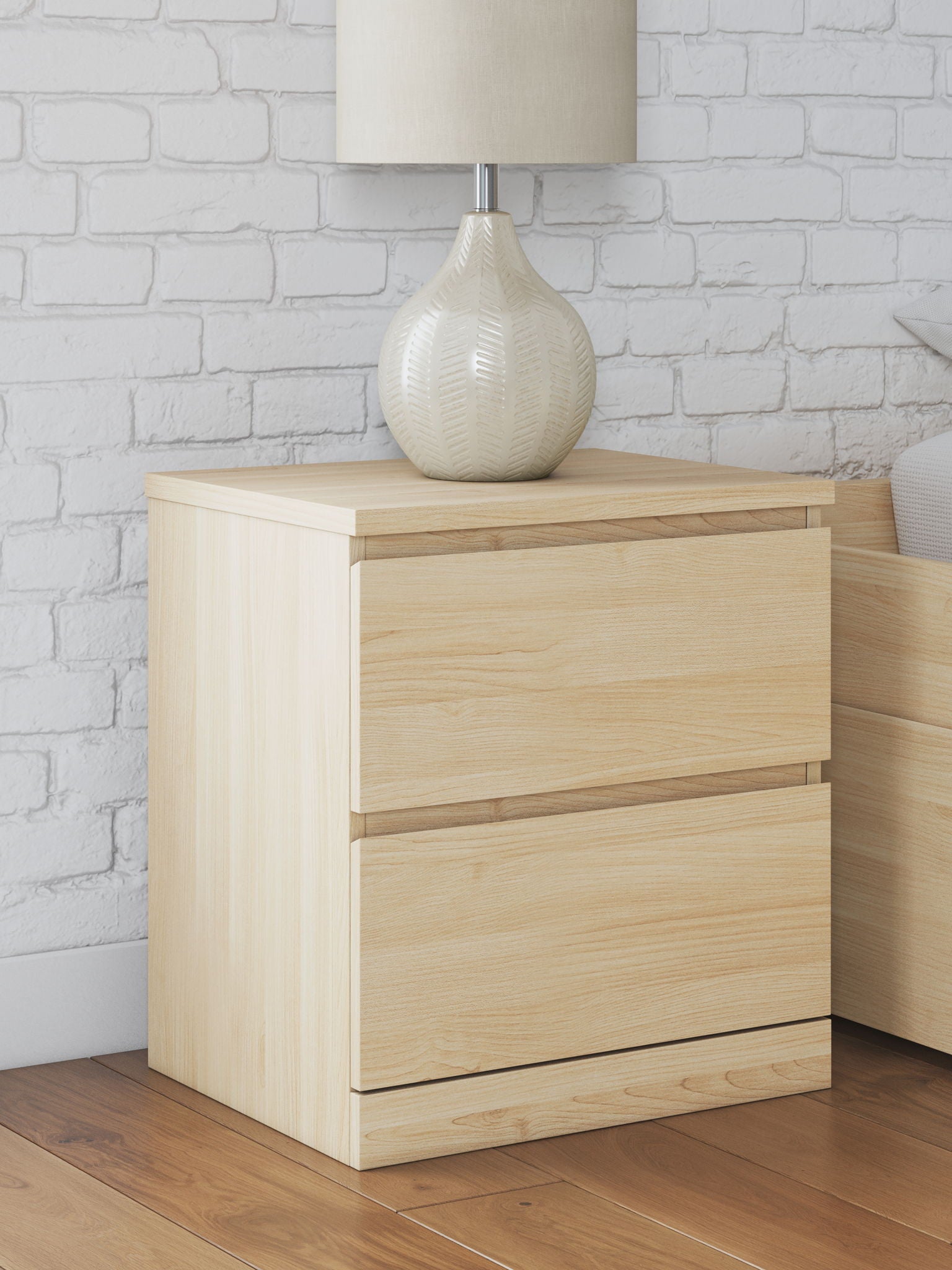Light brown night stand with two drawers; minimalist rail pulls