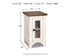 Chair side end table with white cabinet and brown top, rectangular door with knob