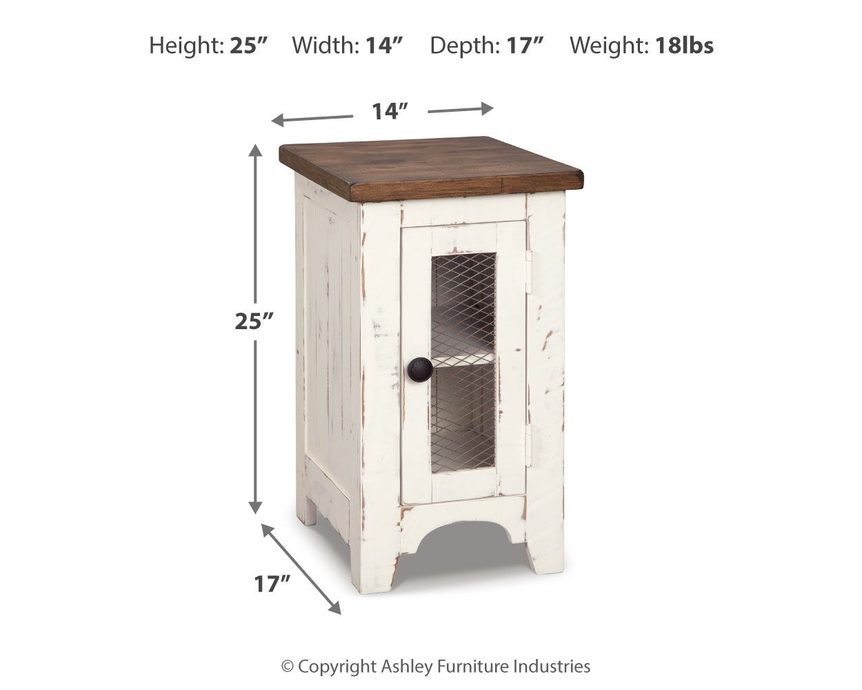 Chair side end table with white cabinet and brown top, rectangular door with knob