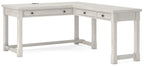White writing desk with stacked drawers and open lower shelf beneath the top