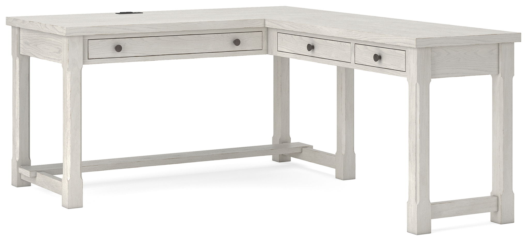 White writing desk with stacked drawers and open lower shelf beneath the top