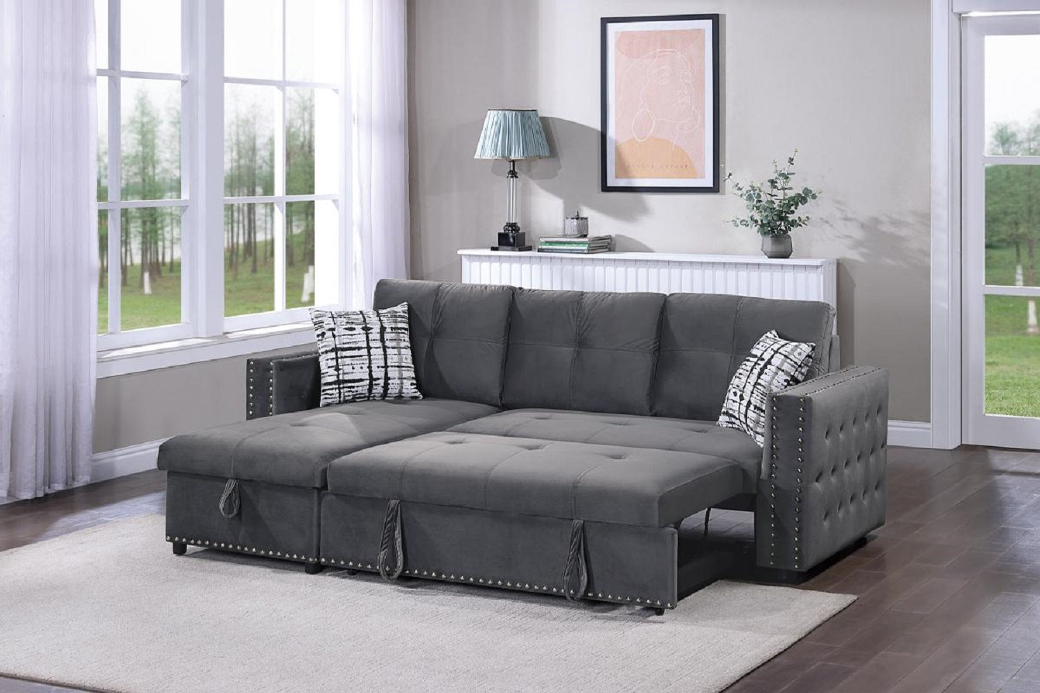 Gray Velvet Tufted Convertible Sofa Bed w/ Storage Chaise