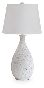 White drum table lamp shade with speckled white metal base