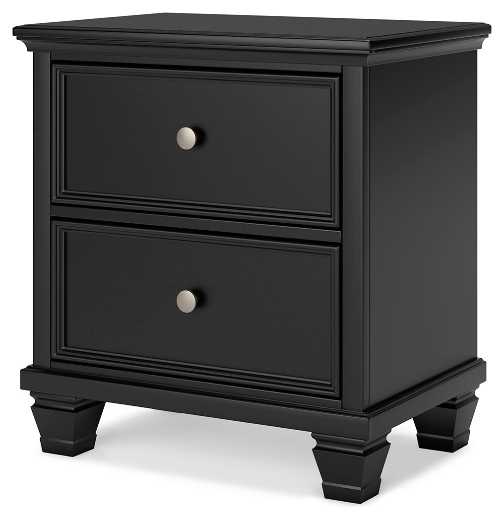Black two-drawer nightstand with recessed panels and round drawer knobs