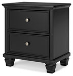 Black two-drawer nightstand with recessed panels and round drawer knobs