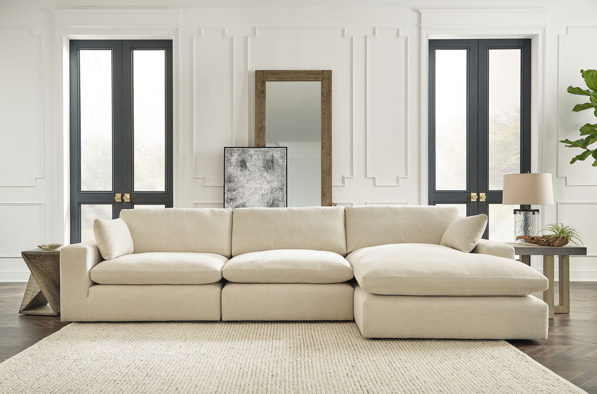 Elyza - 4 Pc. - Right Arm Facing Corner Chaise 3 Pc Sectional, Ottoman - Linen