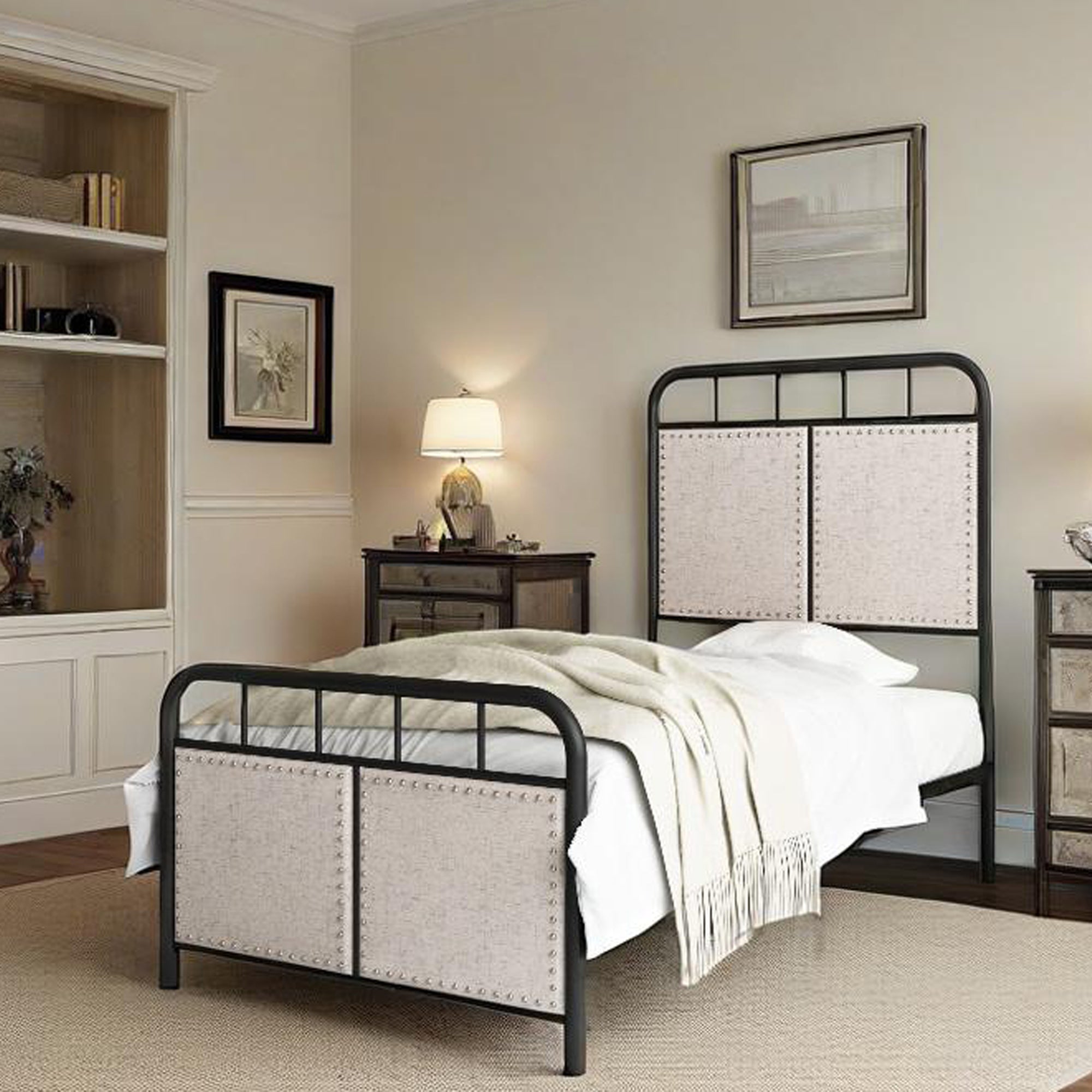 Twin Upholstered Linen Platform Metal Bed Frame, Headboard & Footboard