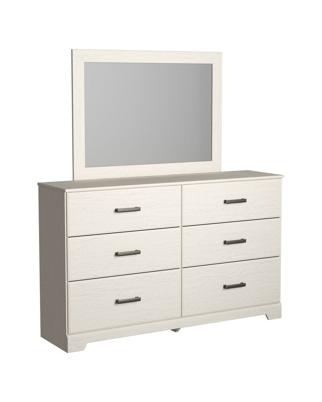 Stelsie white dresser with framed mirror, three drawer fronts and dark metal handles