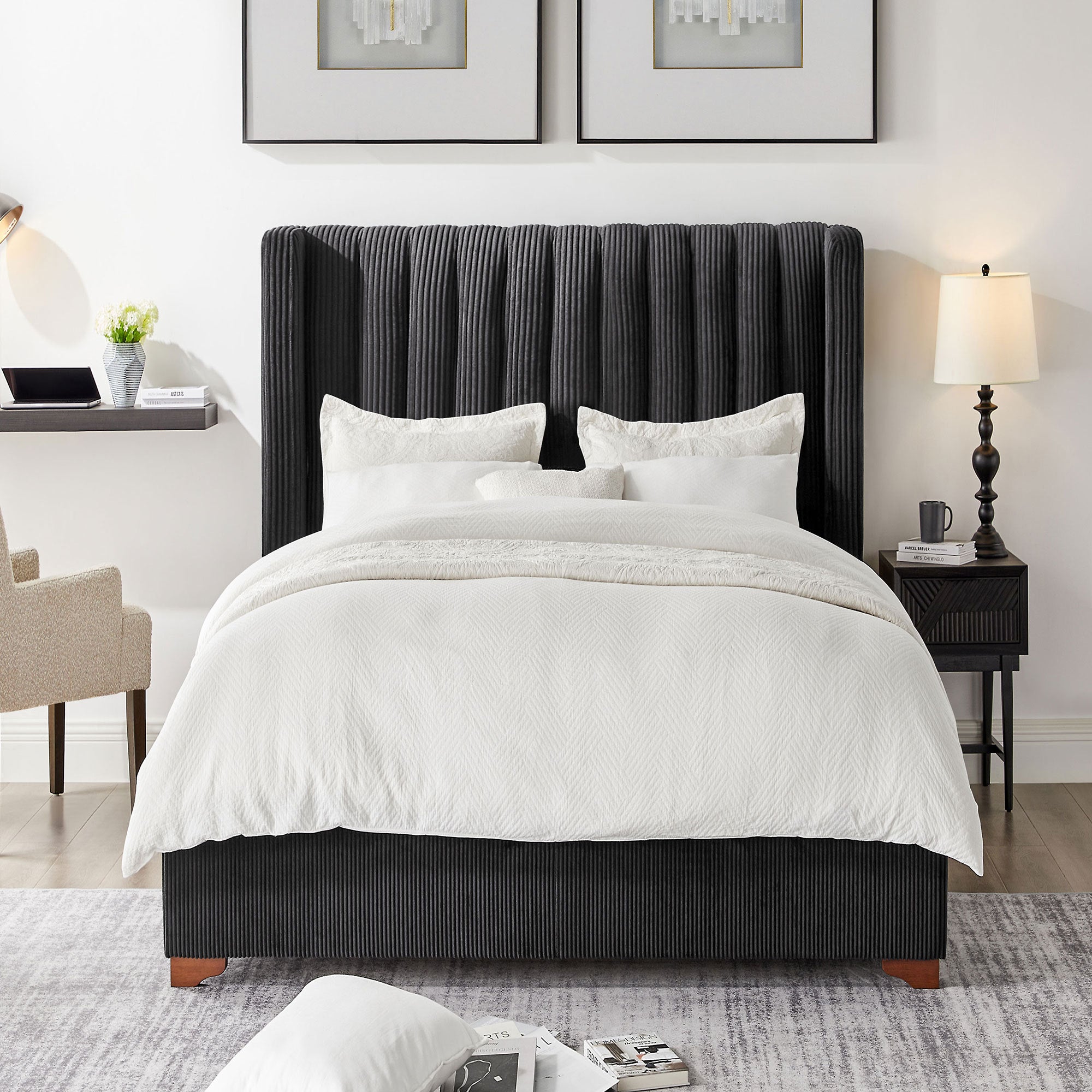 Twin Modern Upholstered Platform Bed w/Corduroy Headboard Black No Box Spring