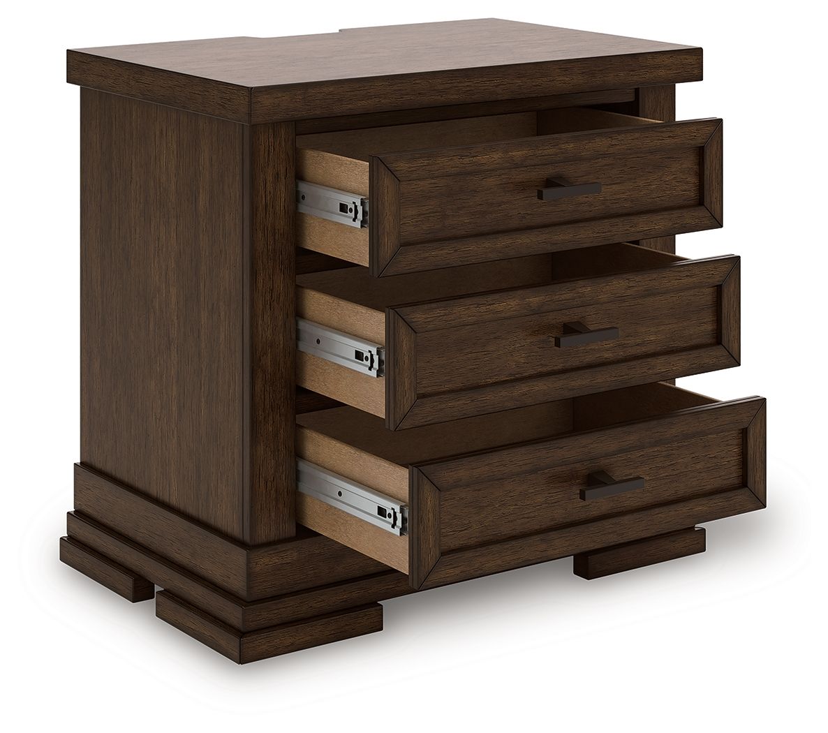 Medium brown three-drawer night stand, drawers partially open, bar pulls