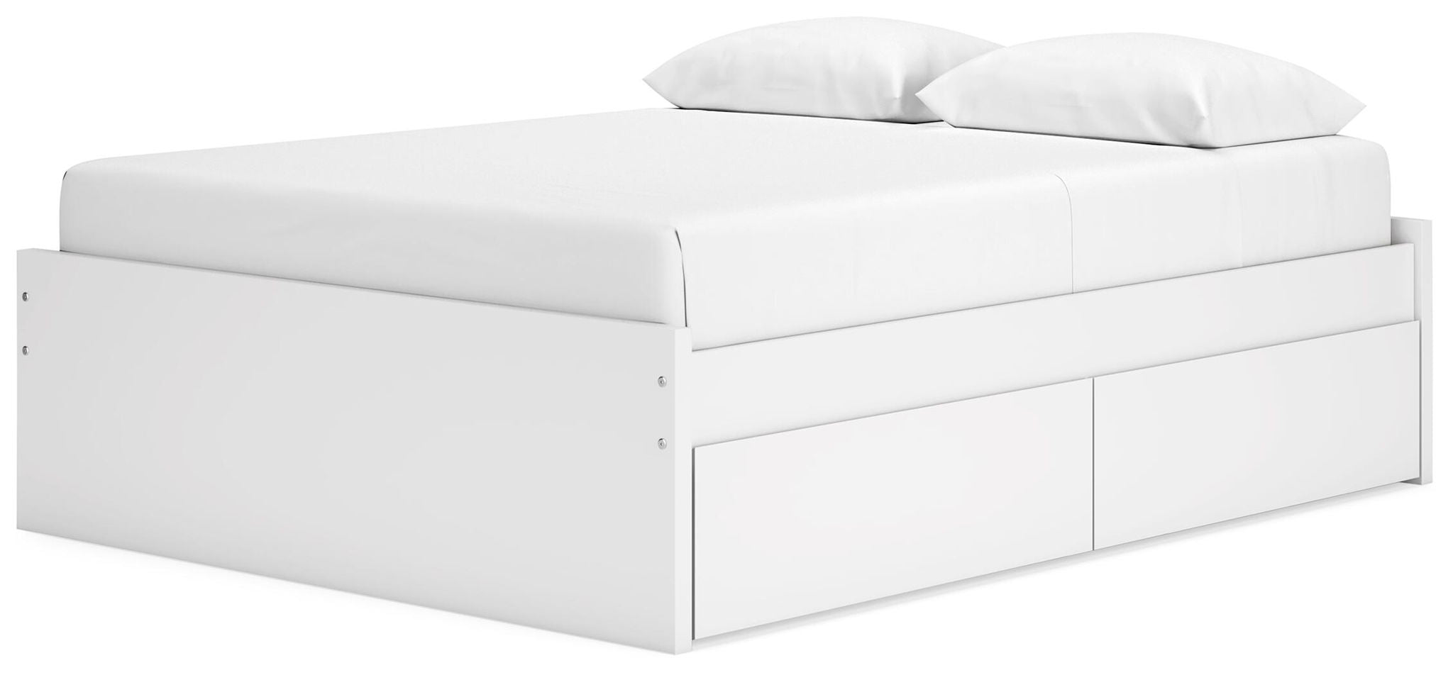 White platform bed with upholstered headboard and front storage drawers