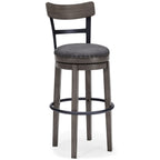 Gray tall upholstered swivel barstool with round seat, curved back, nailhead trim