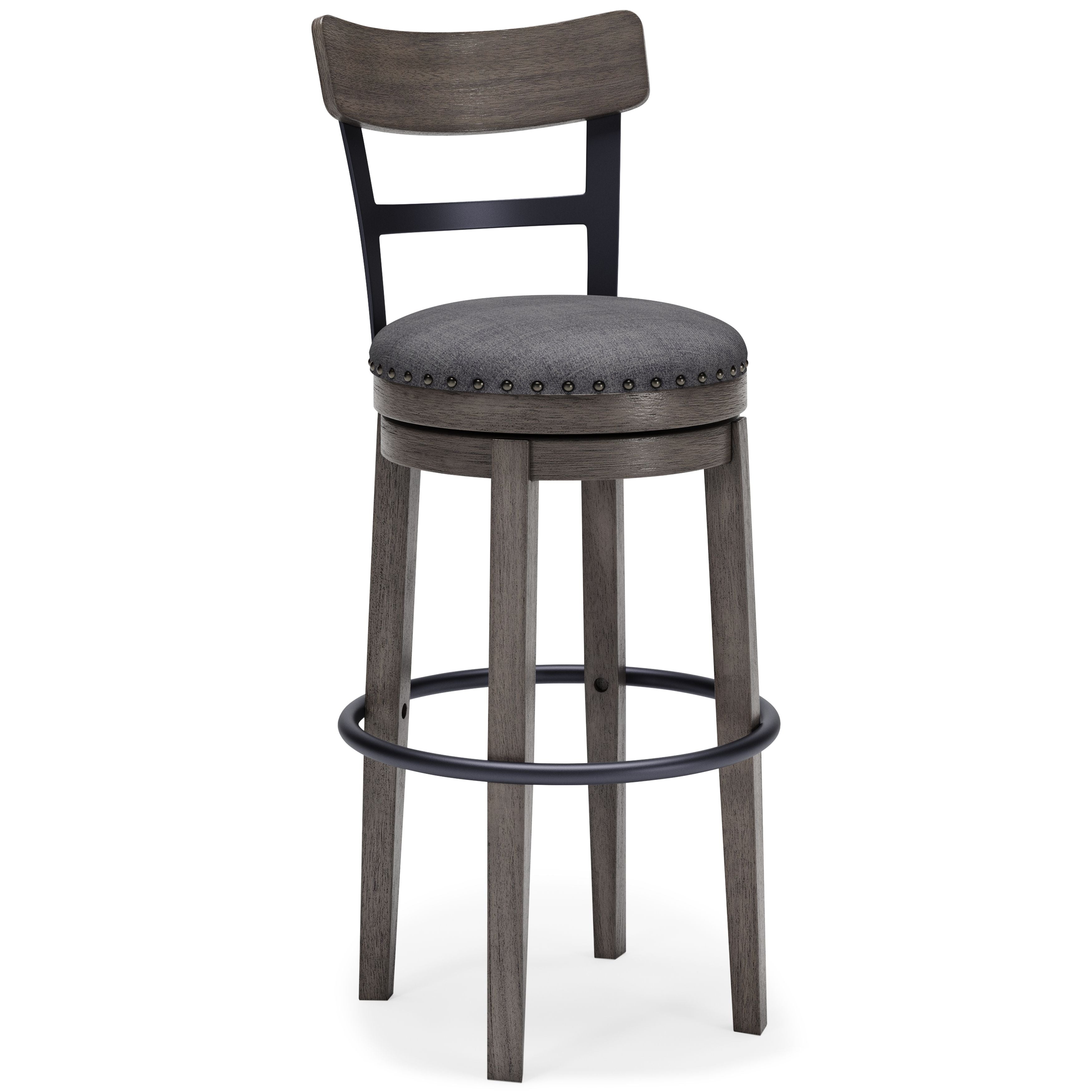 Gray tall upholstered swivel barstool with round seat, curved back, nailhead trim