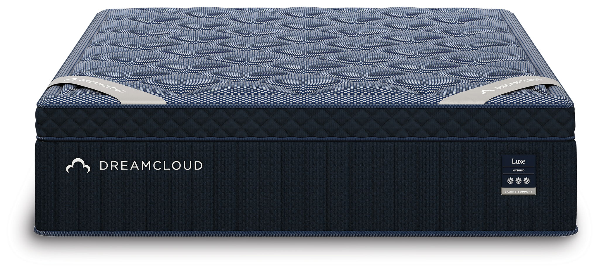 DreamCloud Luxe hybrid mattress with blue top surface and dark base sides