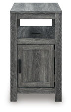 Chair side end table in dark gray wood with open shelf and cabinet door with black pull